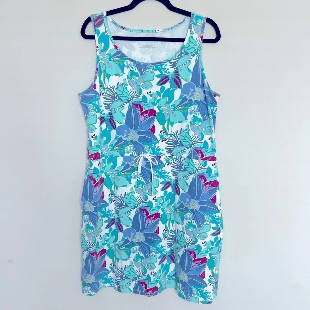 Talbots Floral Stretch Dress Tie Waist Beach Lounge Sports Cotton Pockets sz L - Picture 2 of 8